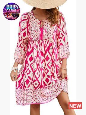 Women's Casual V Neck 3/4 Sleeve Boho Floral Flowy Summer Beach Dress
